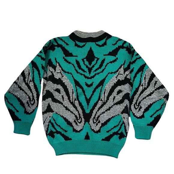 LicoRice X Sweaters - Vintage LicoRice X Horse Pattern Sweater - Teal and Black Made in Korea